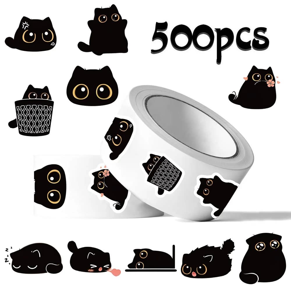 500pcs/roll Cute Black Cat Stickers Cartoon Self Adhesive Labels Animal Stickers for Journal Gift Sealing DIYCrafts Packaging