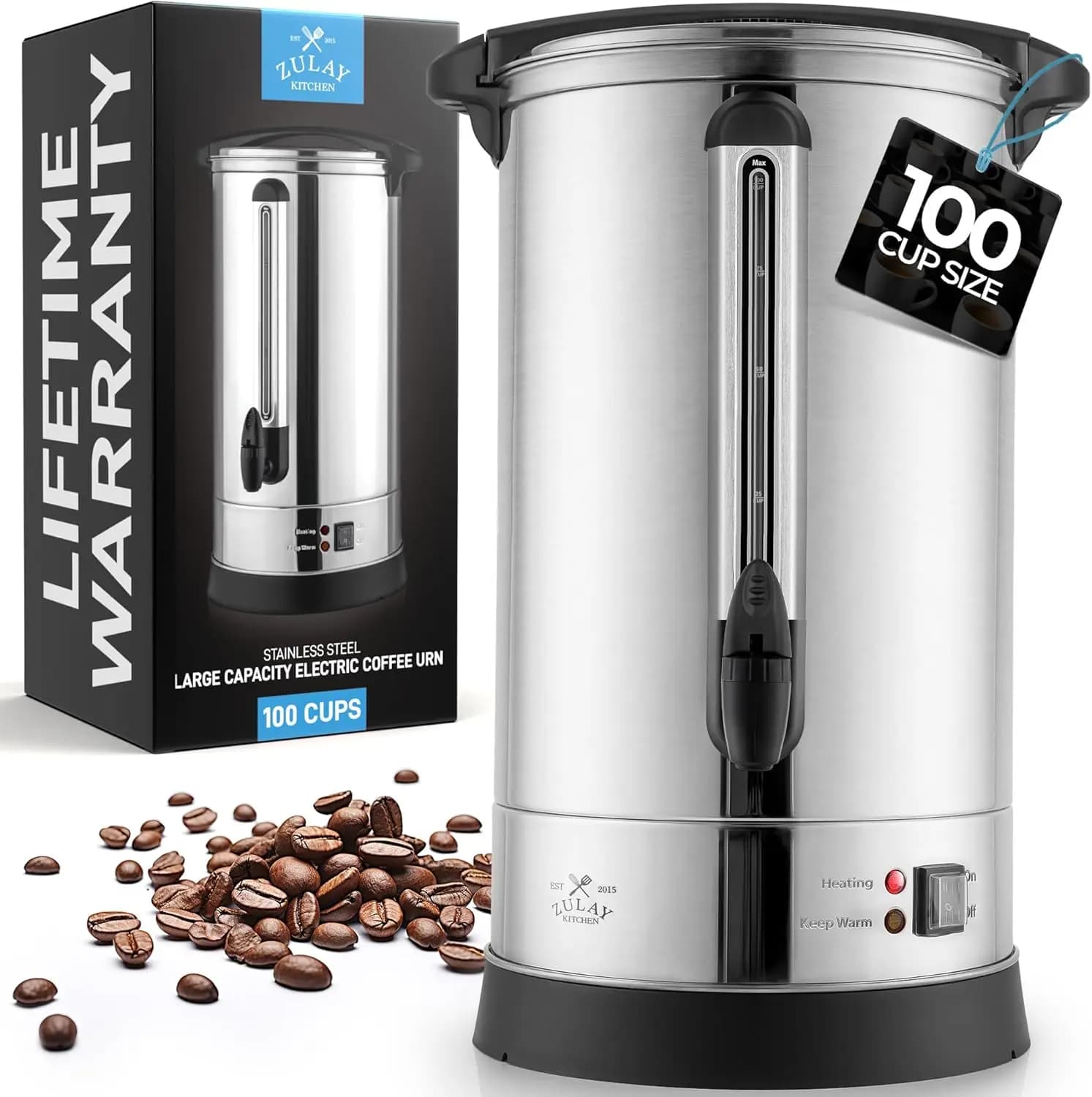 Caffettiera da 100 Tazze con Dispenser Acqua Calda - Percolatore Grande in Acciaio Inox a Doppia Parete, Preparazione Rapida per Eventi e Catering
