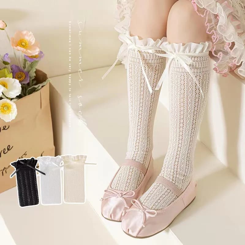 Calze lunghe in pizzo per ragazze, fiocco dolce, modello jacquard, calzino a rete, per bambina, balletto, rete da pesca, calzini con volant, leggings Lolita