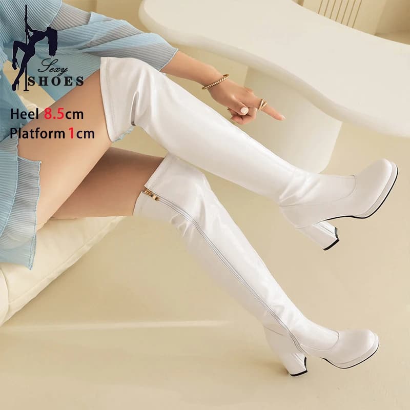 8.5CM Chunk Heels donna stivali sopra il ginocchio Zip laterale pelle bianca autunno inverno scarpe lunghe stivali alti alla coscia Plus Size 44 45 46