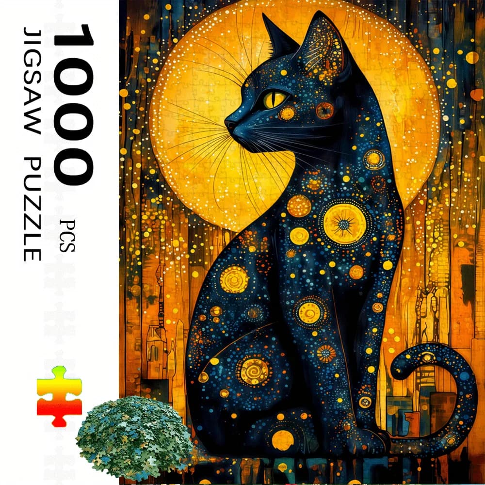 Puzzle da 1000 pezzi ispirato al gatto nero e notte stellata di Van Gogh per adulti - Grande puzzle artistico impegnativo con motivo dorato