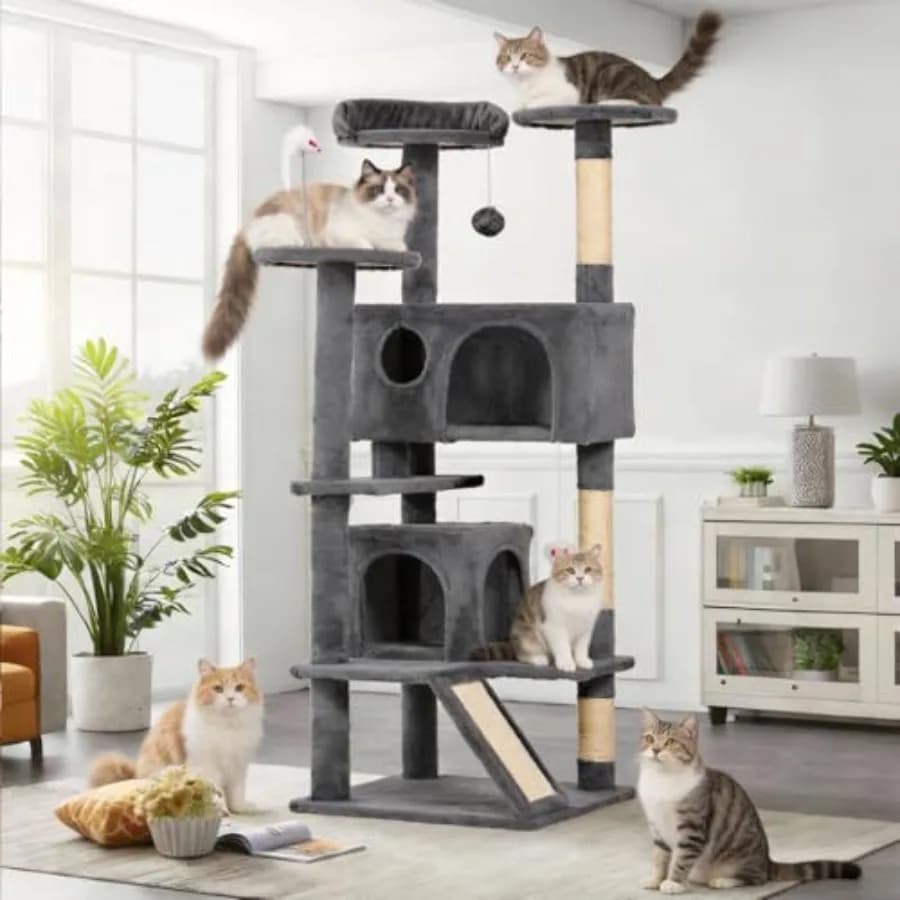 Albero per Gatti da Interno da 53 Pollici con Tiragraffi in Sisal, 2 Cucce per Gatti e Giocattoli Pendenti, Colore Grigio Scuro