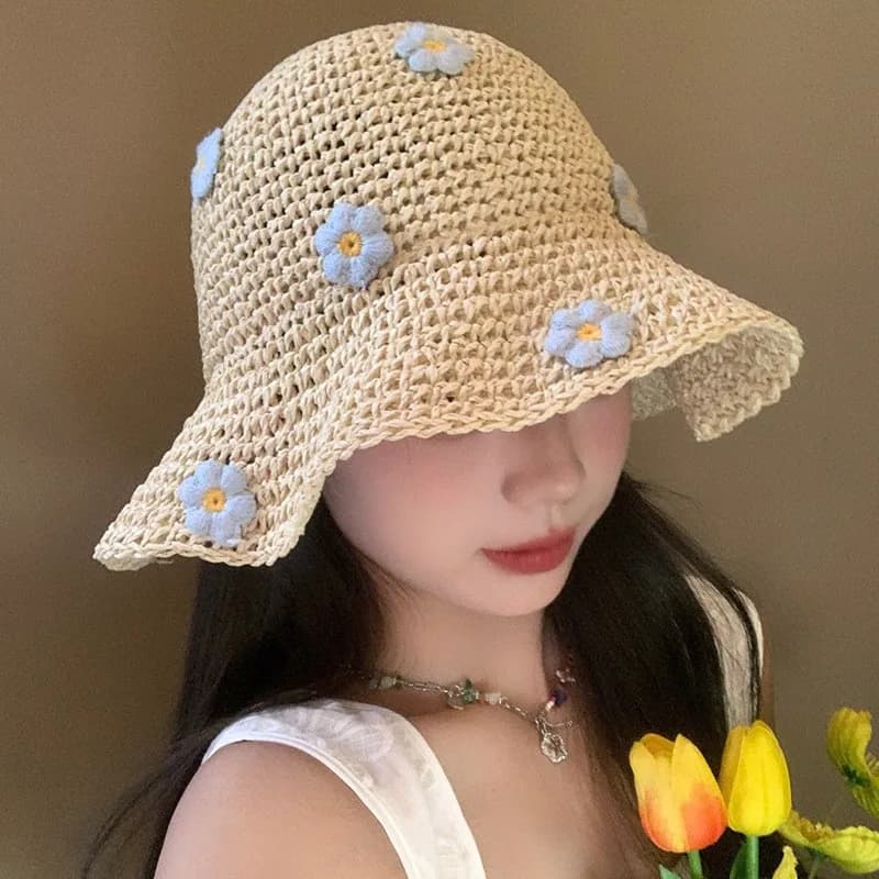 Beach Flower Straw Hat for Women, Summer Foldable Sun Protection Fisherman Cap, Vacation Hollow Woven Hat