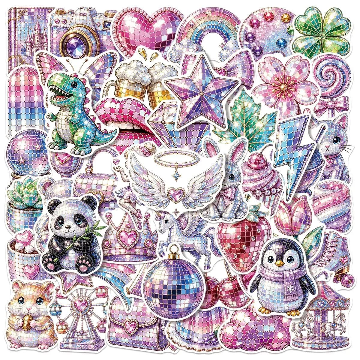 50 PCS Retro Y2K Style Glitter Disco Graffiti Stickers Decorate Helmet Skateboard Bike Waterproof Student Stationery Decals