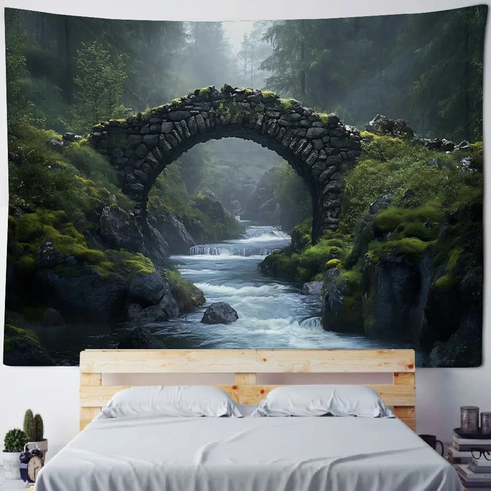 Wall arch with fantasy forest, waterfall of flowers and jungle birds, artistic decoration, hippie, blue with poster for home background