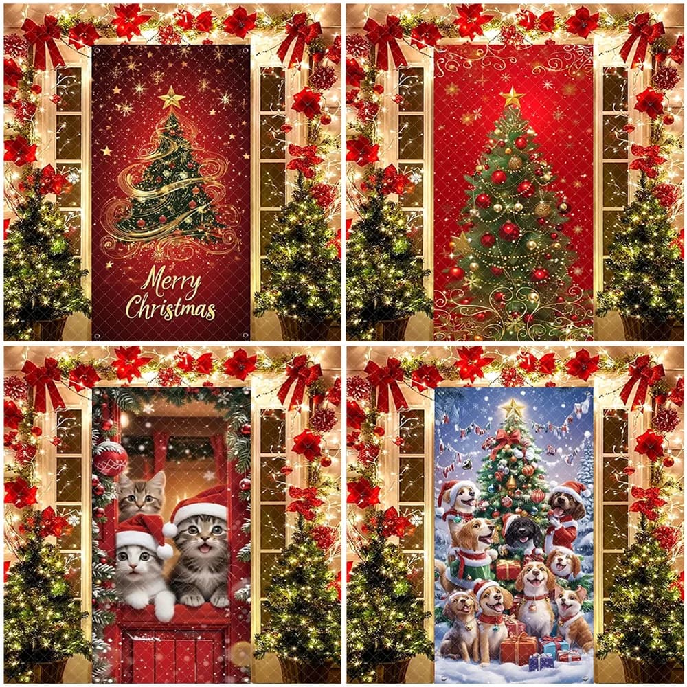 Brillante albero di Natale porta banner cartone animato Natale Babbo Natale Cracker pupazzo di neve decorazioni per feste regali di sfondo per cani e gatti carini