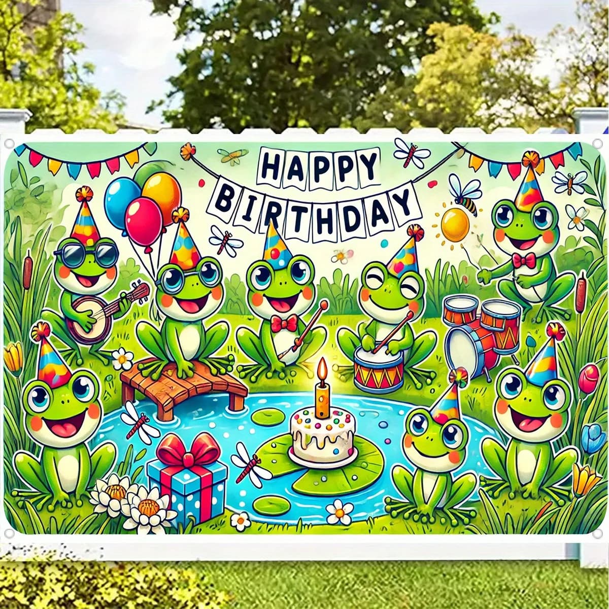 Tappeto Decorativo per Festa di Compleanno a Tema Rana, con Simpatici Cartoni Animati di Rane, Palloncini, Decorazioni per Torte, Regali, Ninfee e Fiori di Loto, Banner per Celebrazioni per Bambini