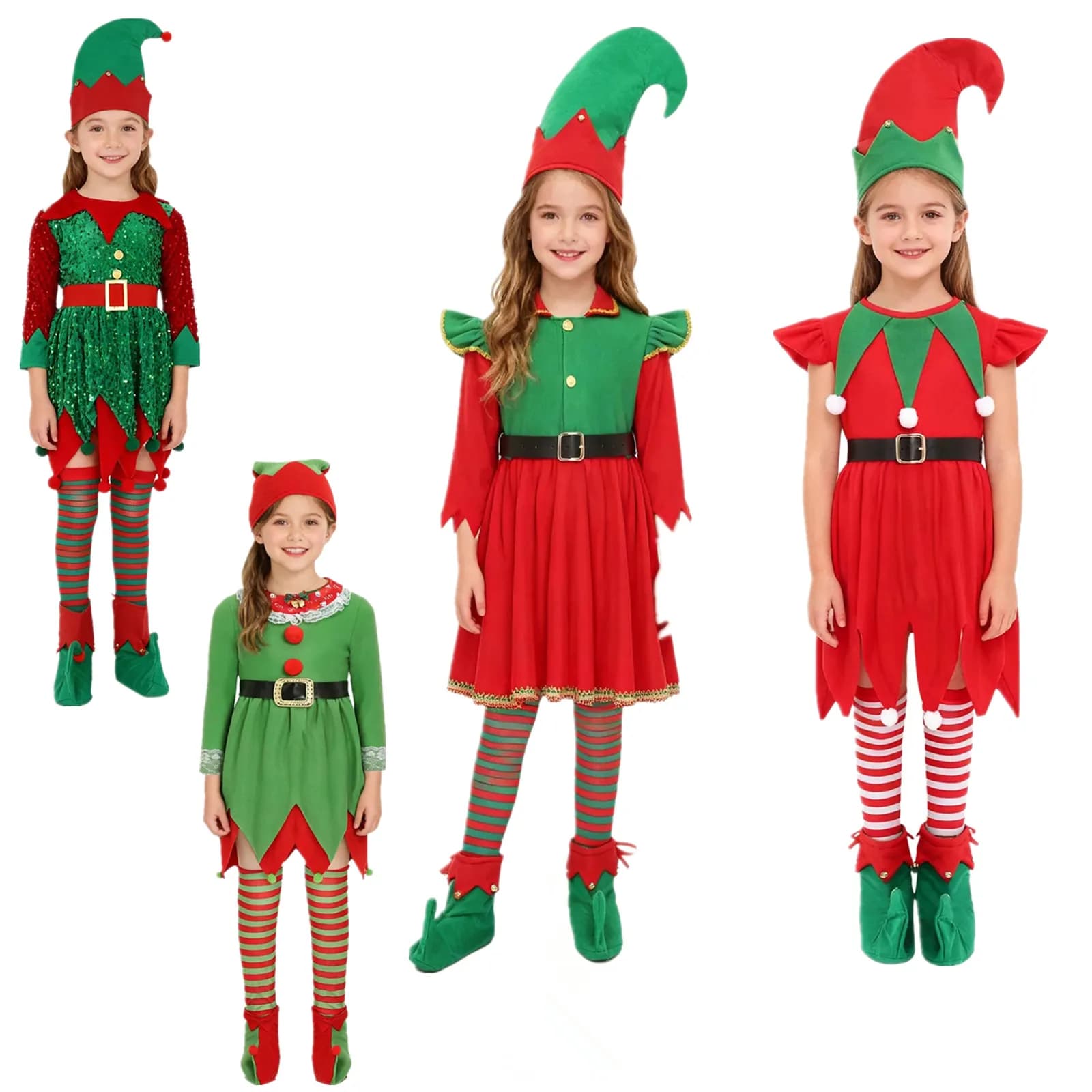 Costume da elfo per ragazza di Natale, aiutante di Babbo Natale, elfi, vestito con cintura, calzini lunghi, cappello, scarpe, copriscarpe, fantasia, Natale, Capodanno, festa