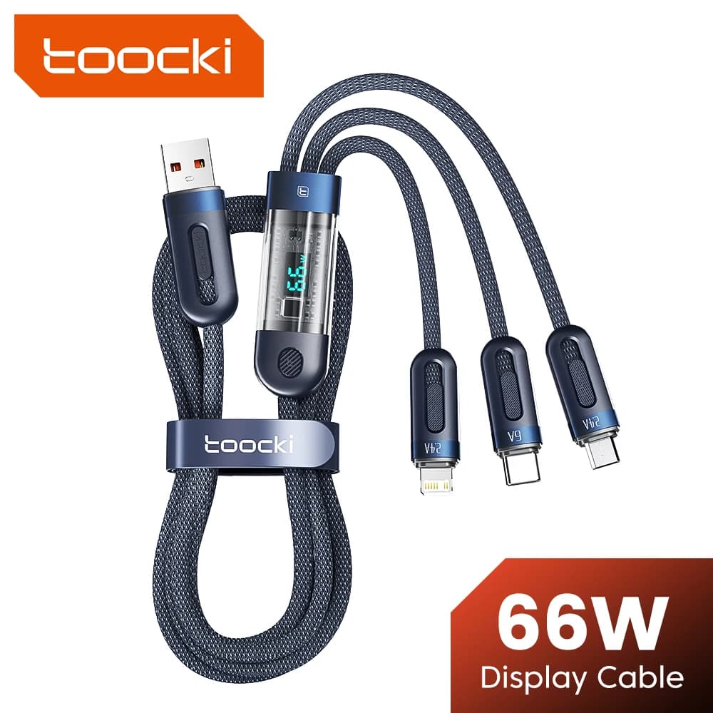 Toocki Cavo USB 3 in 1 Cavo Micro USB Tipo C Cavo display digitale a ricarica rapida da 66 W per iPhone 15 14 Samsung S23 Xiaomi Huawei