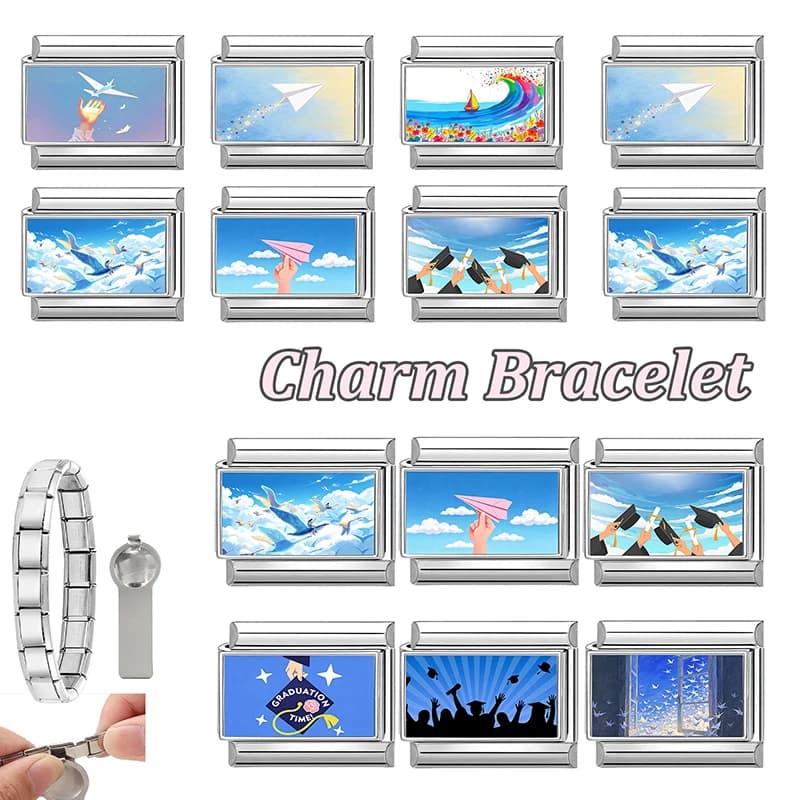 Fashion Blue Series Paper Plane Graduation Cap Cat Flower Italian Charm Fit 9mm Stainless Steel Bracelet DIY Jewelry Making Gift