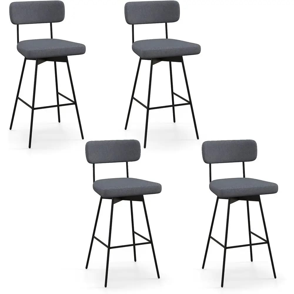 Set di 4 sedie da bar girevoli imbottite con schienale, gambe in metallo, per isola cucina o zona pranzo (grigio)