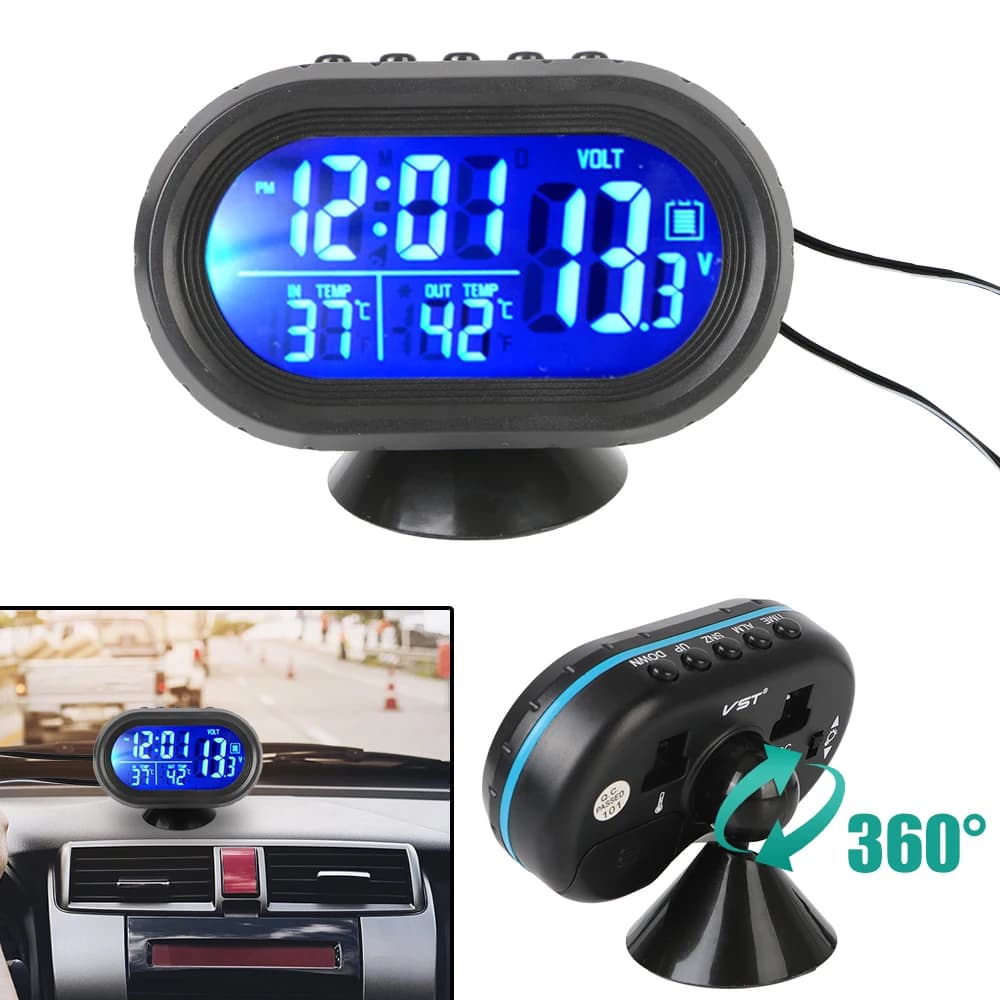 Orologio digitale nottilucoo LCD per auto elettronico 3 in 1 voltmetro per auto termometro 12V/24V avviso di congelamento retroilluminazione