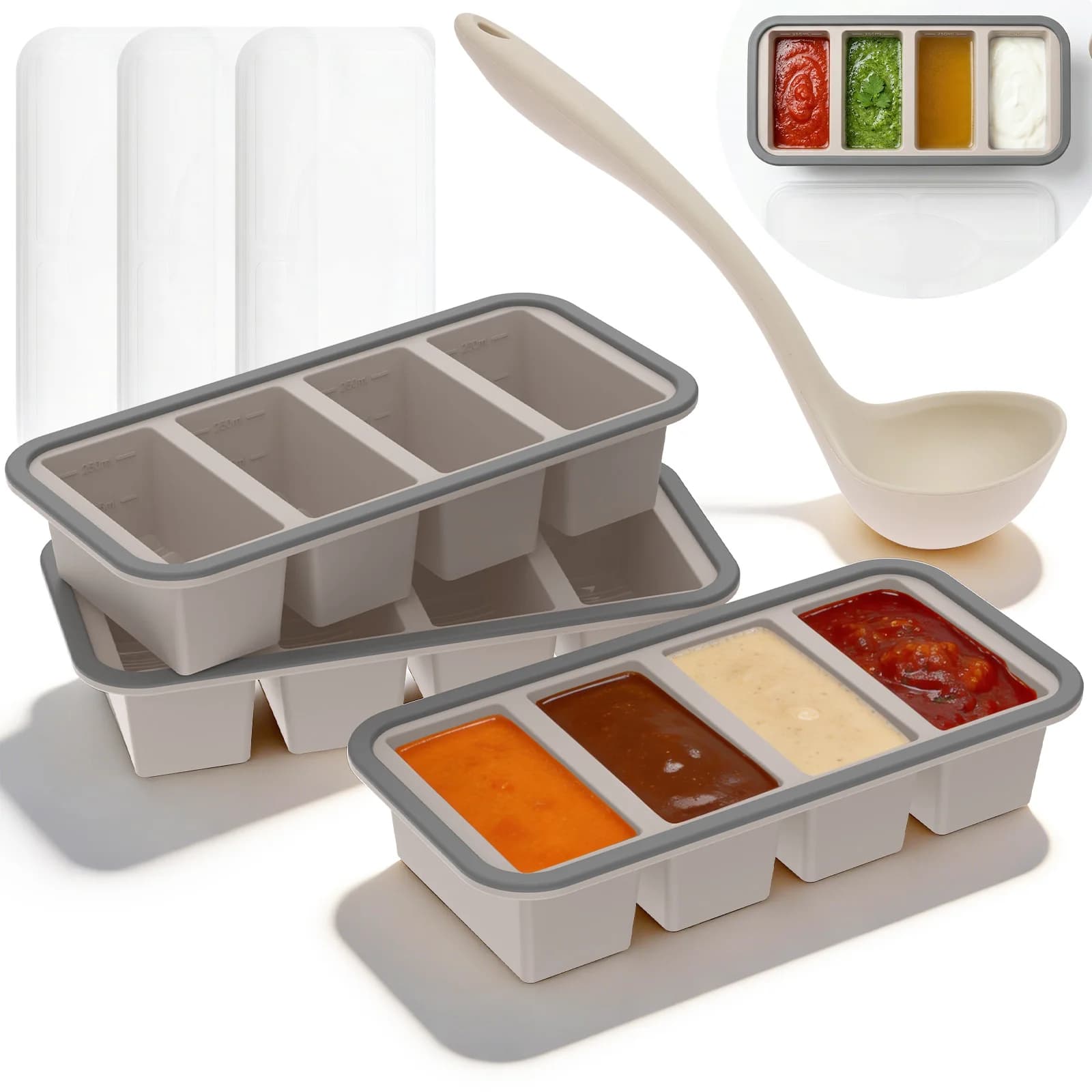 Set di 3 Vaschette in Silicone per Freezer con Coperchi, Grandi Stampi per Cubetti di Ghiaccio in Silicone Senza BPA, Contenitori per Alimenti, Stampi da Forno, Utensili da Cucina