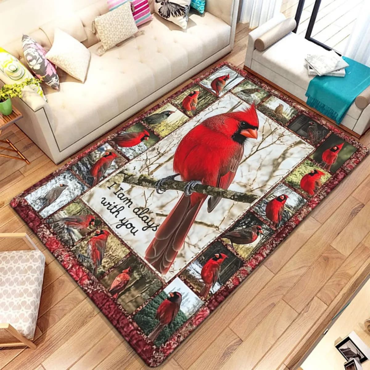 Rustic Cardinal Bird Print Area Rug Farmhouse Style Nature Decor Carpet Living Room Mat Boho Inspirational Quote for Home