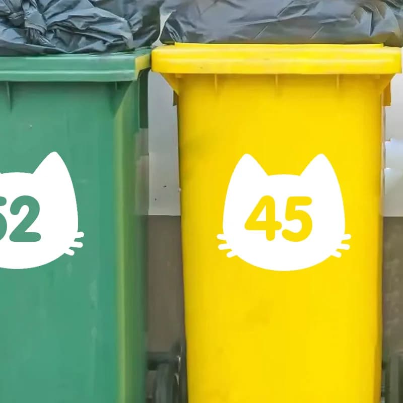 3 adesivi personalizzati per bidoni con ruote, numero civico personalizzato, gatto, decalcomania in vinile per decorazioni per la casa, contenitori per pattumiera