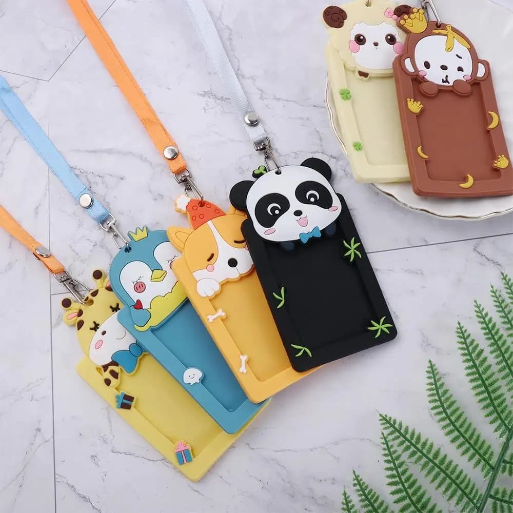 Cute Animal Name Card Bus Card Protector Cover Silicone ID Badge Card Holder with Rope Work Card