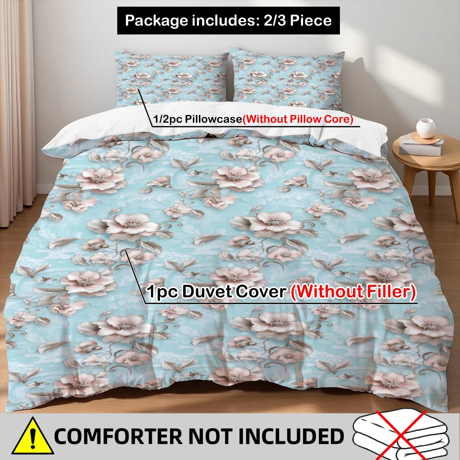 Set Copripiumino Floreale Ciano 3 Pezzi Stampa Vintage con 2 Federe Senza Piumino Traspirante Tutte le Misure Arredo Camera da Letto