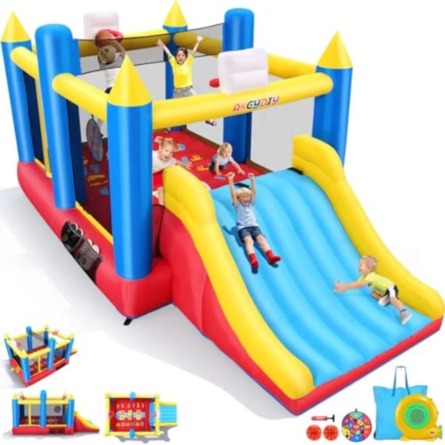 Casa Gonfiabile per Bambini 3-12 Anni 15.2x8.3x7 ft con Ampia Area di Salto, Scivolo Extra Largo, 2 Canestri da Basket Rimovibili