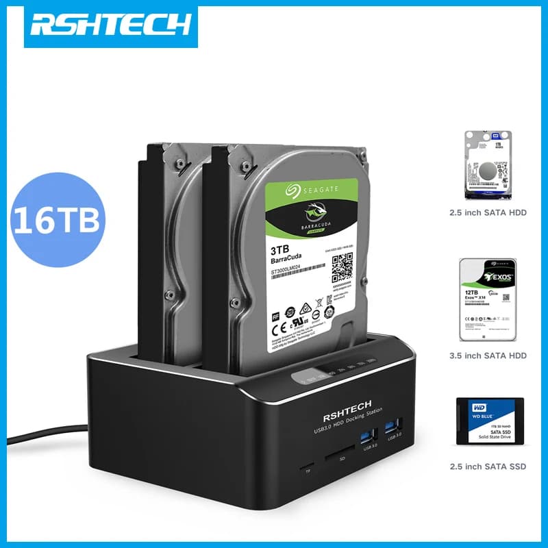 RSHTECH HDD Docking Station da USB 3.0 a SATA 2.5/3.5 pollici SSD Disk HDD Dock Dual Bay custodia per disco rigido esterno Clone Offline