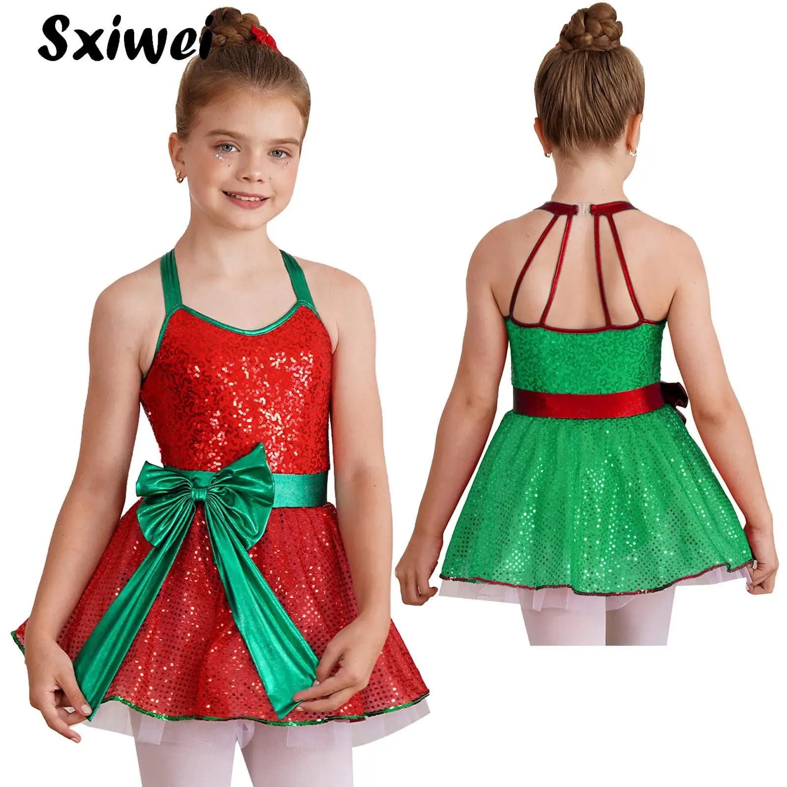 Kid Girls Sequins Christmas Costume Halloween Elf Mrs Santa Claus Cosplay Figure Ice Skating Leotard Ballet Tutu Dance Dress
