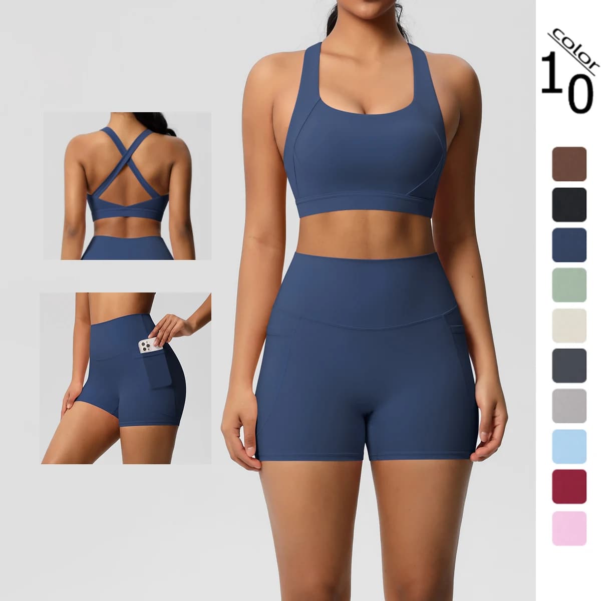 2 pcs sports clothing with pocket yoga set gym dress yoga suits for women sports shorts bra cross-breed gym leggings