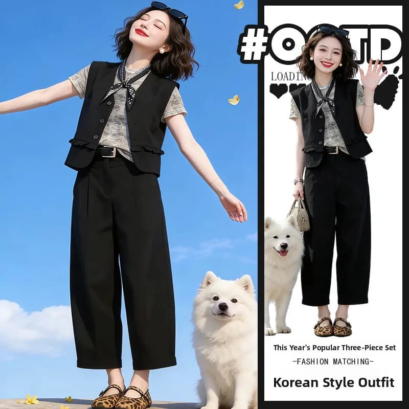 Set Tre Pezzi Casual Elegante in Stile Coreano: Top a Maniche Corte Nero, Gilet e Pantaloni Casual che Nascondono le Forme