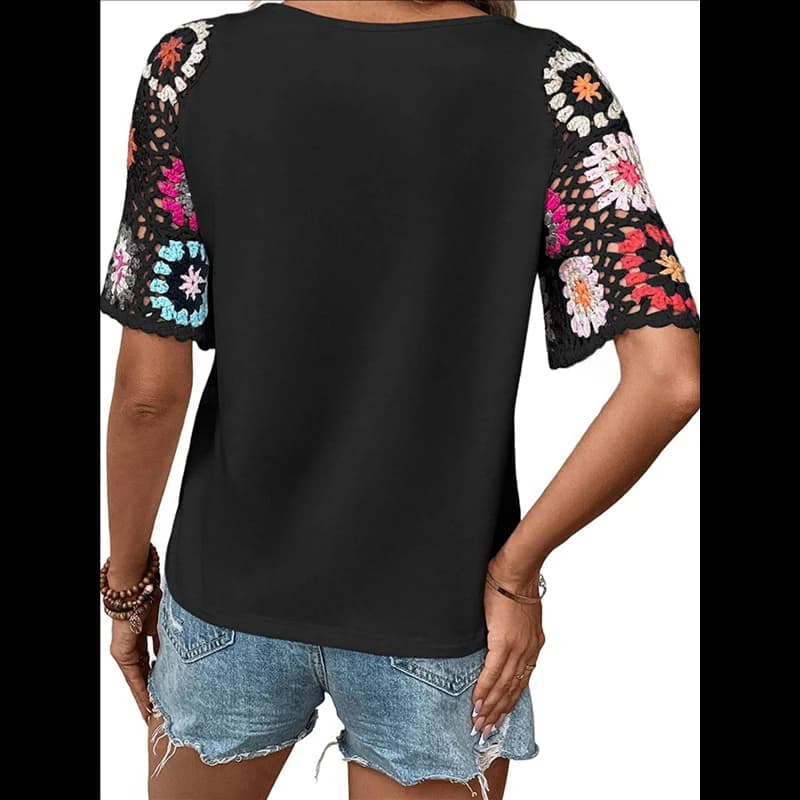 ABRT-Camicie da donna Camicia girocollo a maniche corte all'uncinetto floreale Camicetta pullover casual Top estivi