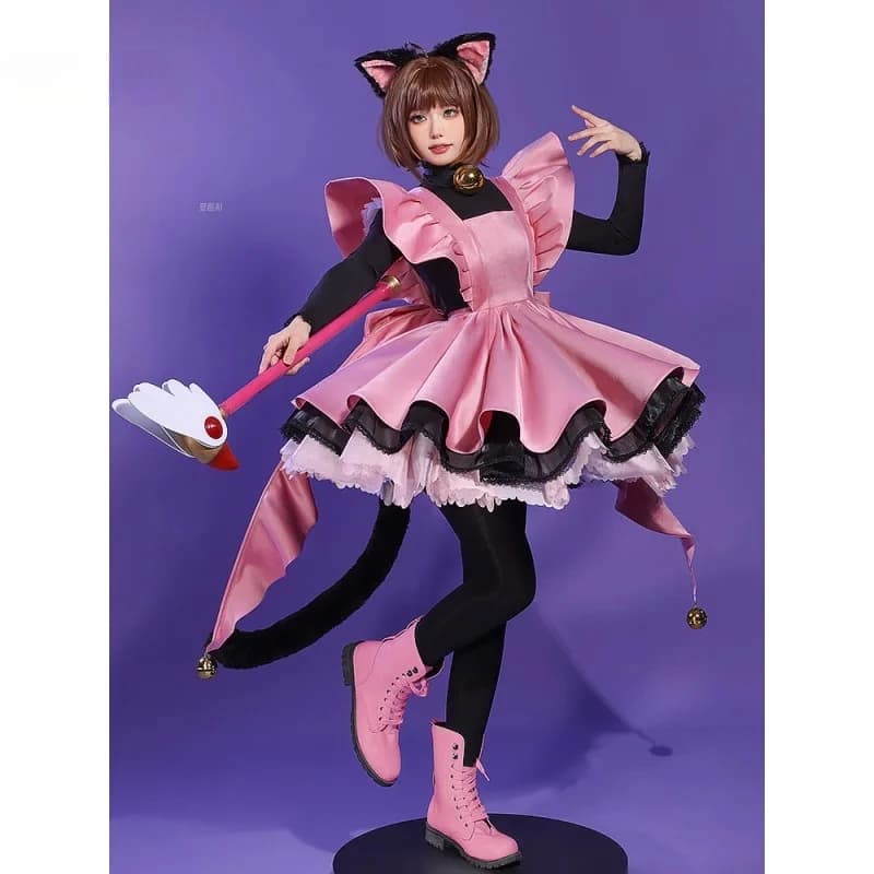 Kinomoto Sakura Cosplay Anime Costume Card Captor Sakura Donna Halloween Carino Nero Rosa Abito THE Ears Tail