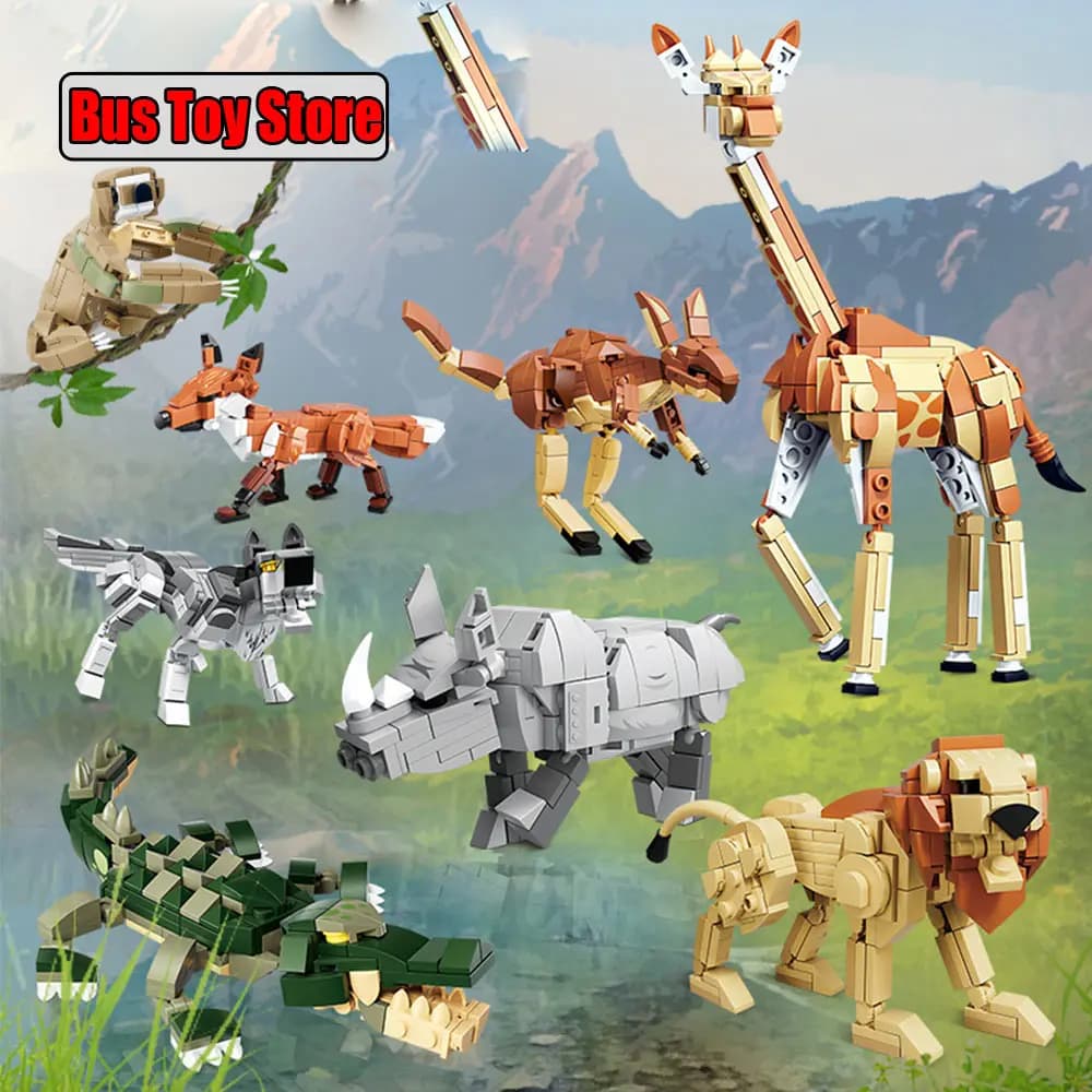 Moc Animal Model Building Blocks Giraffe Lion Wolf Animal Building Blocks Puzzle Assemble Toys for Christmas Gifts