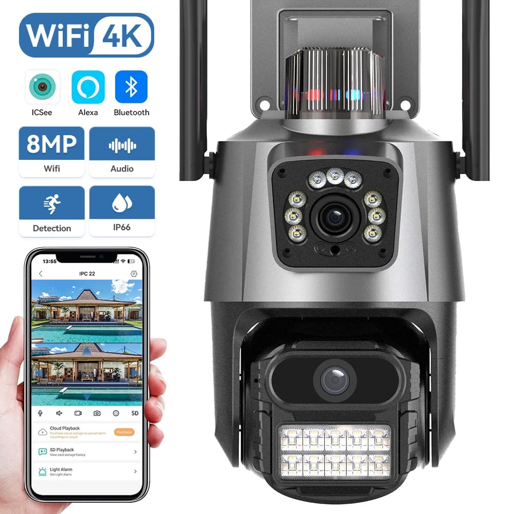 4K 8MP WIFI IP Camera Dual Lens Dual Screen Light Alarm Outdoor Motion Detection 4MP PTZ Security videocamera di sorveglianza