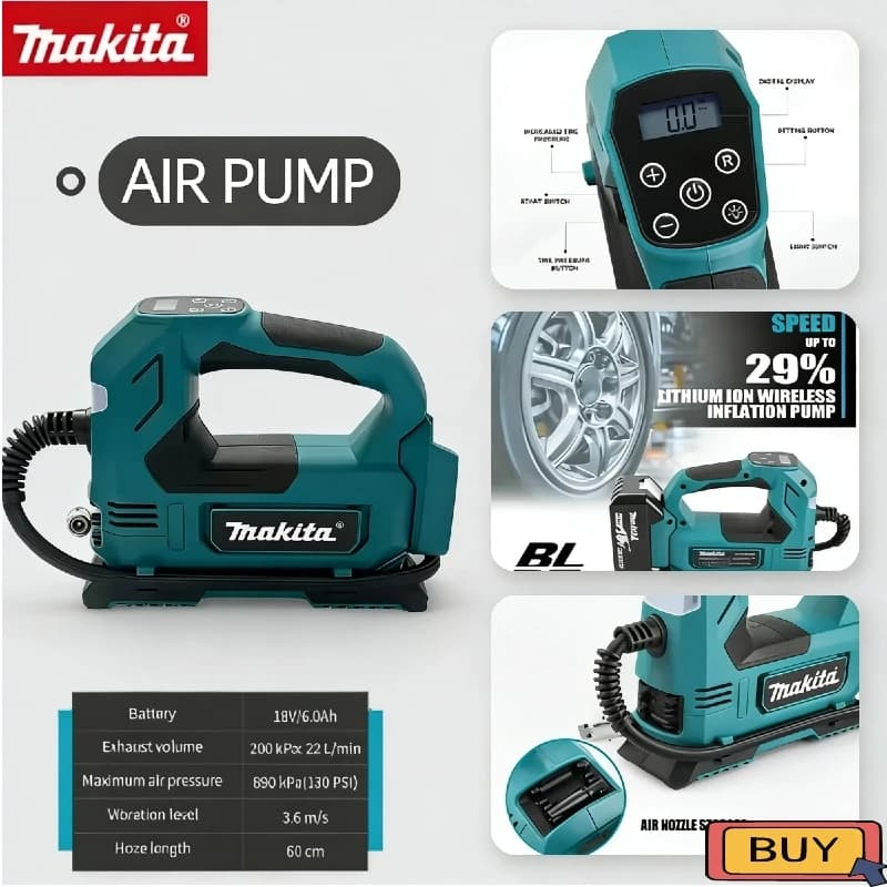 Pompa ad aria senza fili Makita brushless 18V: Gonfiatore portatile per pneumatici con display digitale per auto 18V e moto