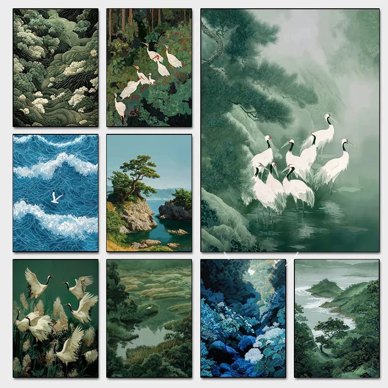 Poster di gru bianche nella foresta verde giapponese, stile Chinoiserie, stampe moderne di uccelli, quadro da parete con pittura a diamante per soggiorno e decorazione domestica