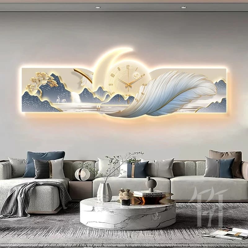 Luxury wall art with watch and light feathers and mountain design, modern and elegant background for sofa, wall, unique textured furniture