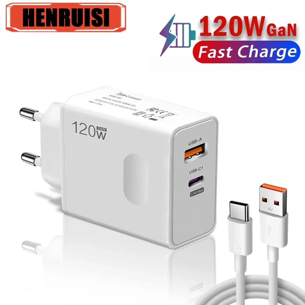 Caricatore USB GaN 120W a ricarica rapida per iPhone Samsung Xiaomi, adattatore con cavo Type C 6A, caricatore da parete con spina EU/US
