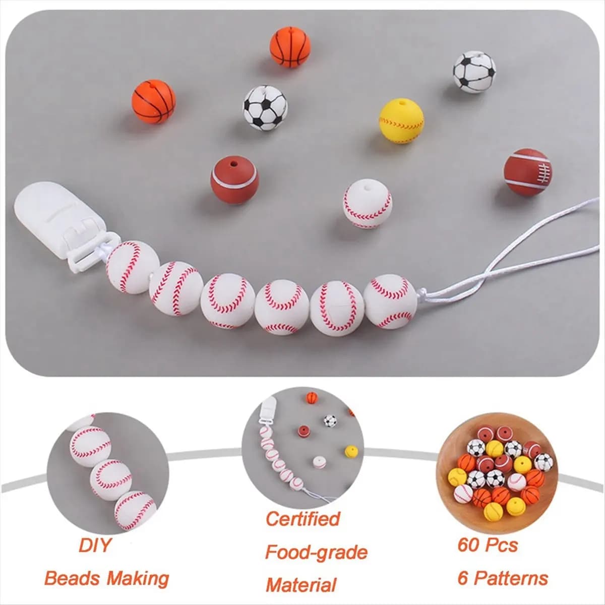 Onsale Sport Silicone Beads, 60 pieces of 15 mm thick silicone beads with cord to make jewelry, necklaces, bracelets, DIY handicrafts for pen