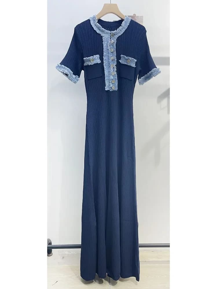 Abito da donna da ufficio Primavera Estate Nuove donne eleganti Abito lungo lavorato a maglia Chic O-collo Manica corta Abiti patchwork in denim