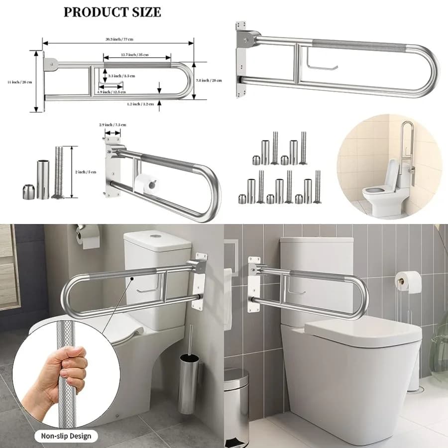 Barra di supporto per WC, Corrimano antiscivolo, Barra di supporto a U ribaltabile con porta carta igienica, in acciaio inossidabile zigrinato per disabili