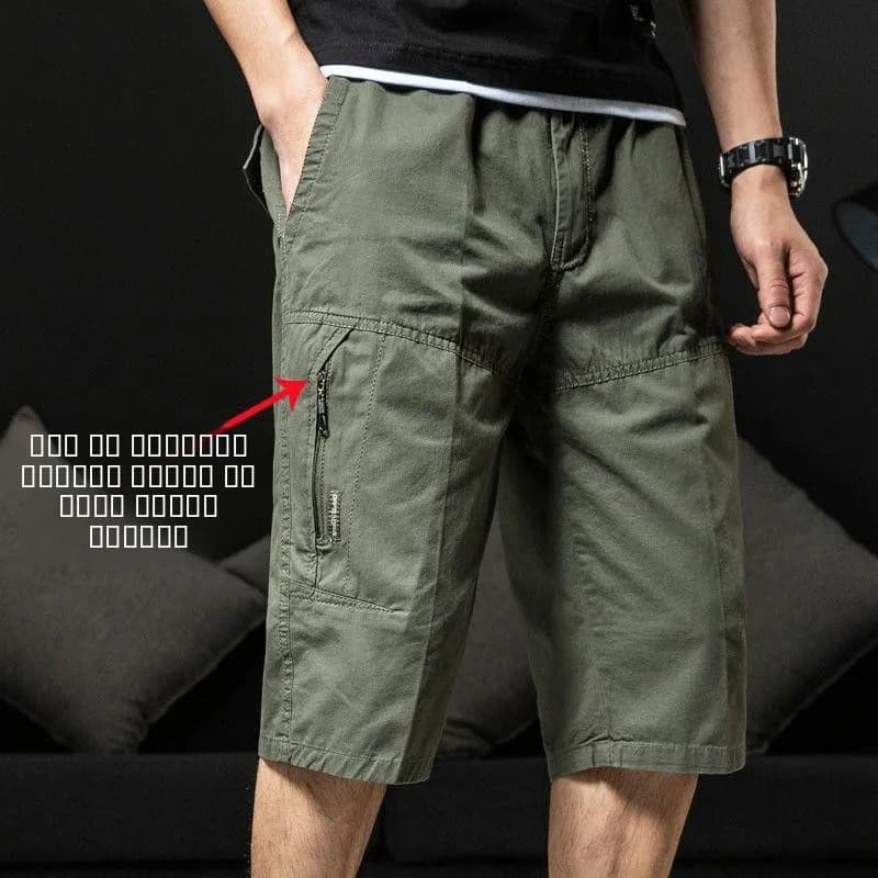 Loose Fit Men's Cotton Shorts Seven-Foot Summer Thin Material Breathable Casual Pants mid Waist Straight Leg Green Color