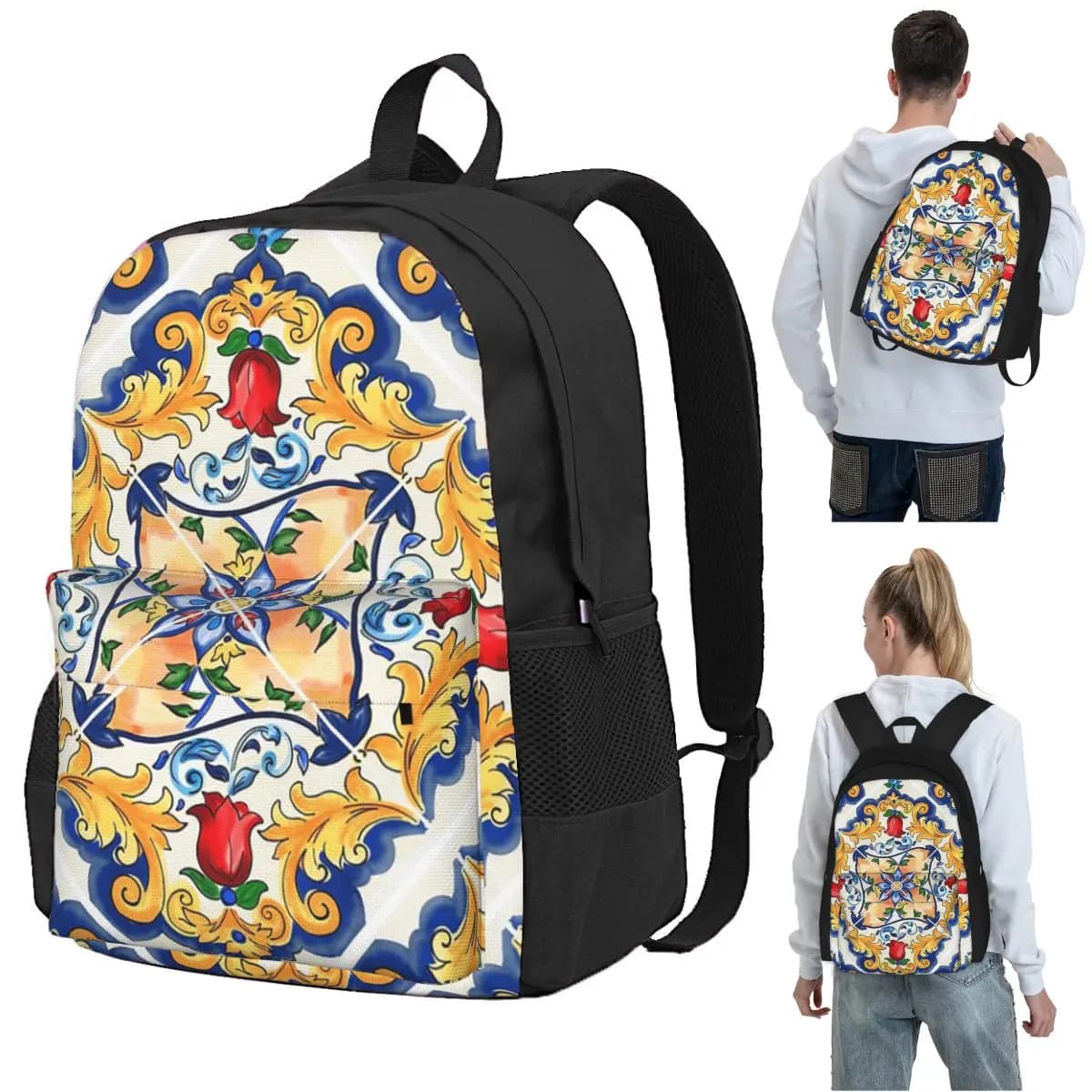 Sicilian Majolica Colourful Floral Flourishes Tile Pattern Backpack Student BookBag Kids School Bag Computer