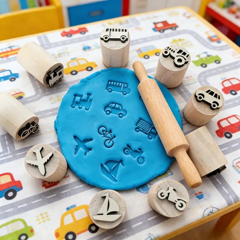 Set di 9 Timbri Sensoriali in Legno a Tema Veicoli per Pasta Modellabile, Regali Educativi e Lavoretti Fai-da-Te per Bambini