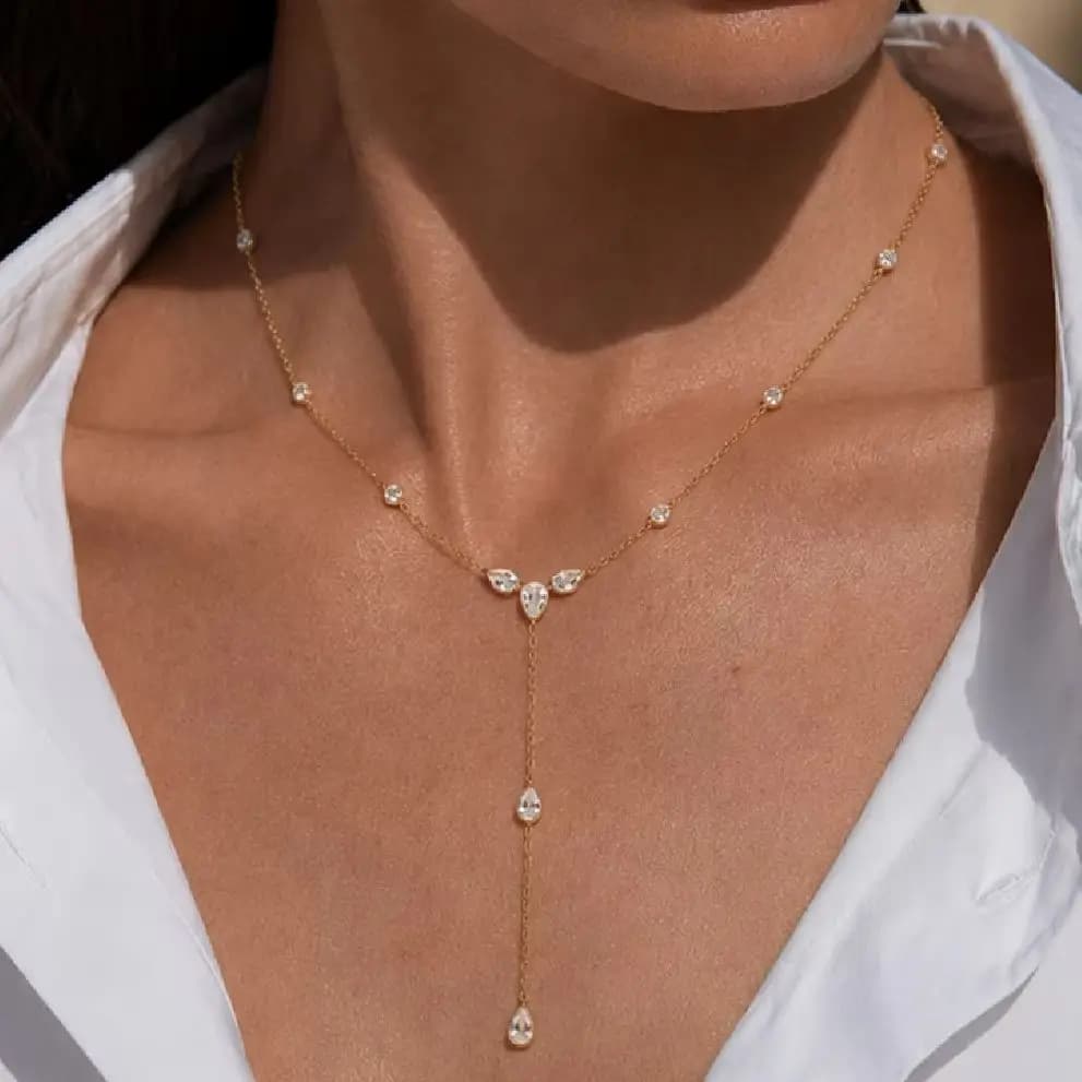 Ingemark Elegant Zircon Water Drop Pendant Necklace for Women Luxury 18K Gold Plated Stainless Steel Clavicle Chain Jewelry Gift