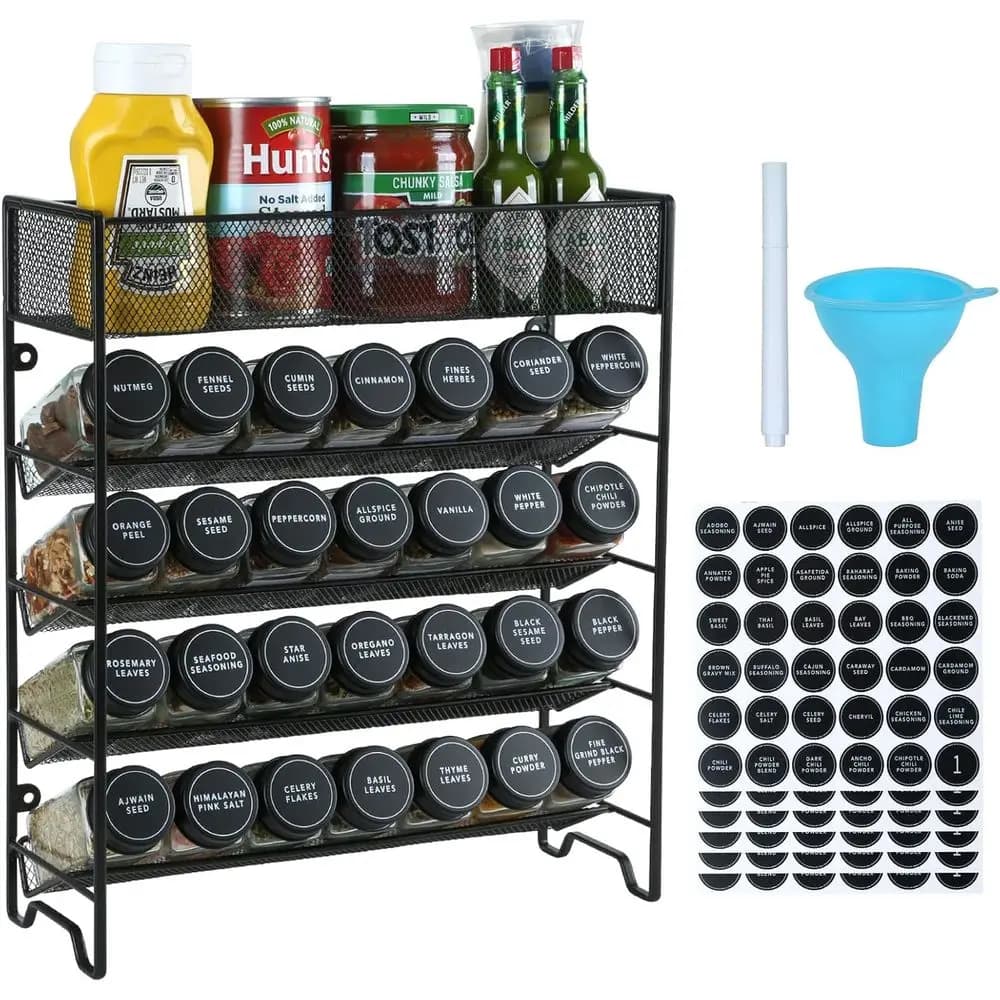 Spice Rack Organizer with 28 Spice Jars, Black Lids, Spice Labels, Chalk Pen, Tunnel Set or Cabinet, Countertop, Pantry, Cupboar