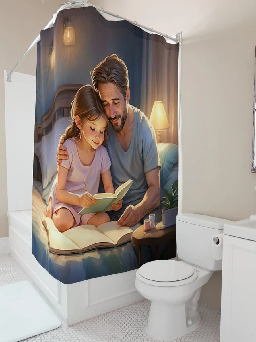 Padre e figlia che leggono insieme Tenda da doccia impermeabile