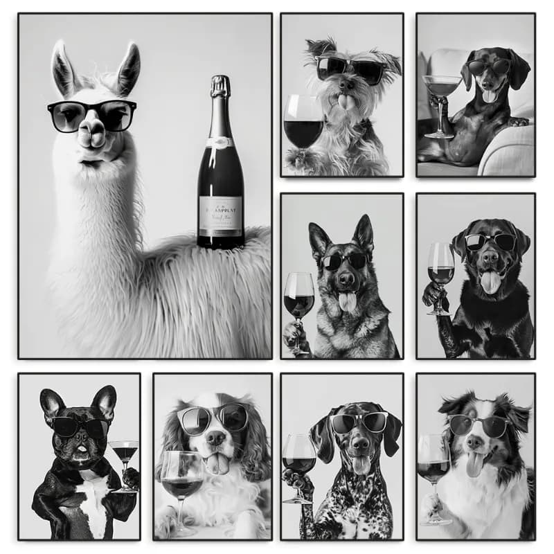 In bianco e nero divertente animale Poster bere cane e vino bicchieri su tela pittura Pet Wall Art cucina camera Home Decor murale