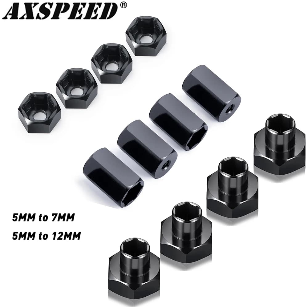 AXSPEED 4 pezzi in alluminio da 5 mm a 7 mm/5 mm a 12 mm adattatori per mozzo esagonale ruota conversione per parti di aggiornamento per camion WPL D12 2WD 1/10 RC