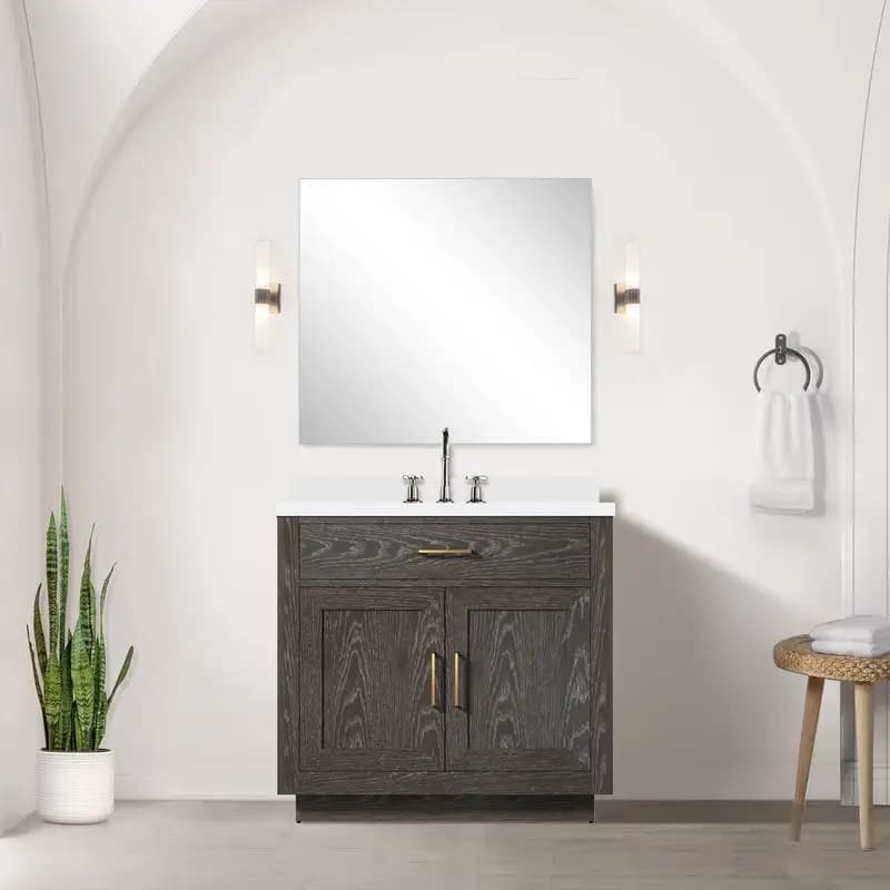 Vanity da bagno singolo in rovere marrone 36"L x 22"D, piano in quarzo bianco, set di specchi e rubinetti da 34", design moderno per un'aggiornamento elegante del bagno