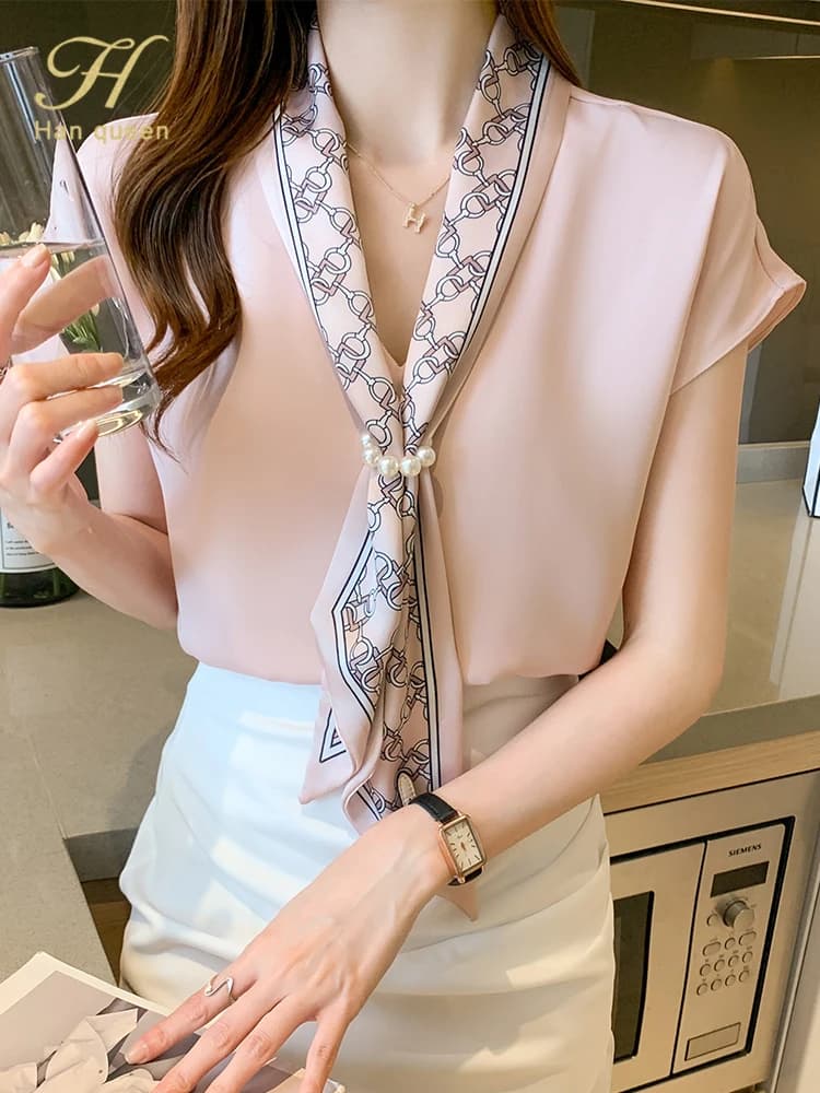 Top con lacci Camicette larghe stile coreano OL casual Camicette estive da donna Camicetta semplice in chiffon da donna da ufficio Camicia femminile