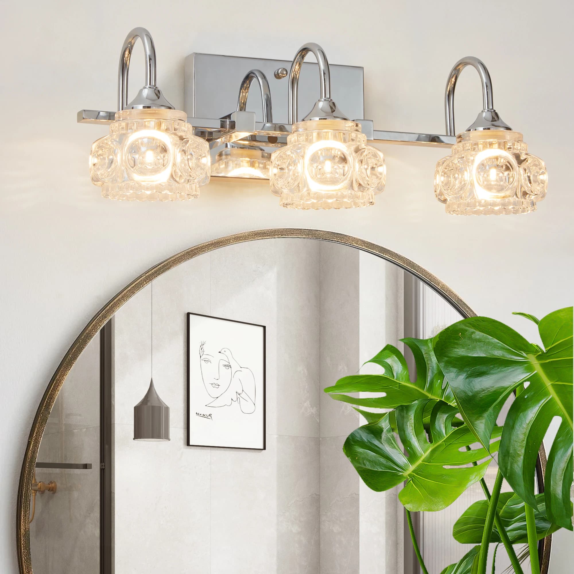 Lampada da Parete Vintage a 3 Luci da 17 Pollici con Finitura in Nichel e Paralume in Cristallo per Specchio da Bagno e Spogliatoio (Senza Lampadine)