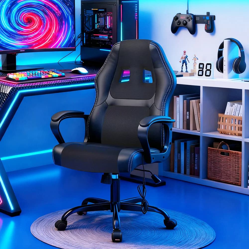Sedia da gioco, sedia ergonomica per computer da massaggio elettrico da ufficio con supporto lombare, pelle PU, altezza regolabile, sedia direzionale