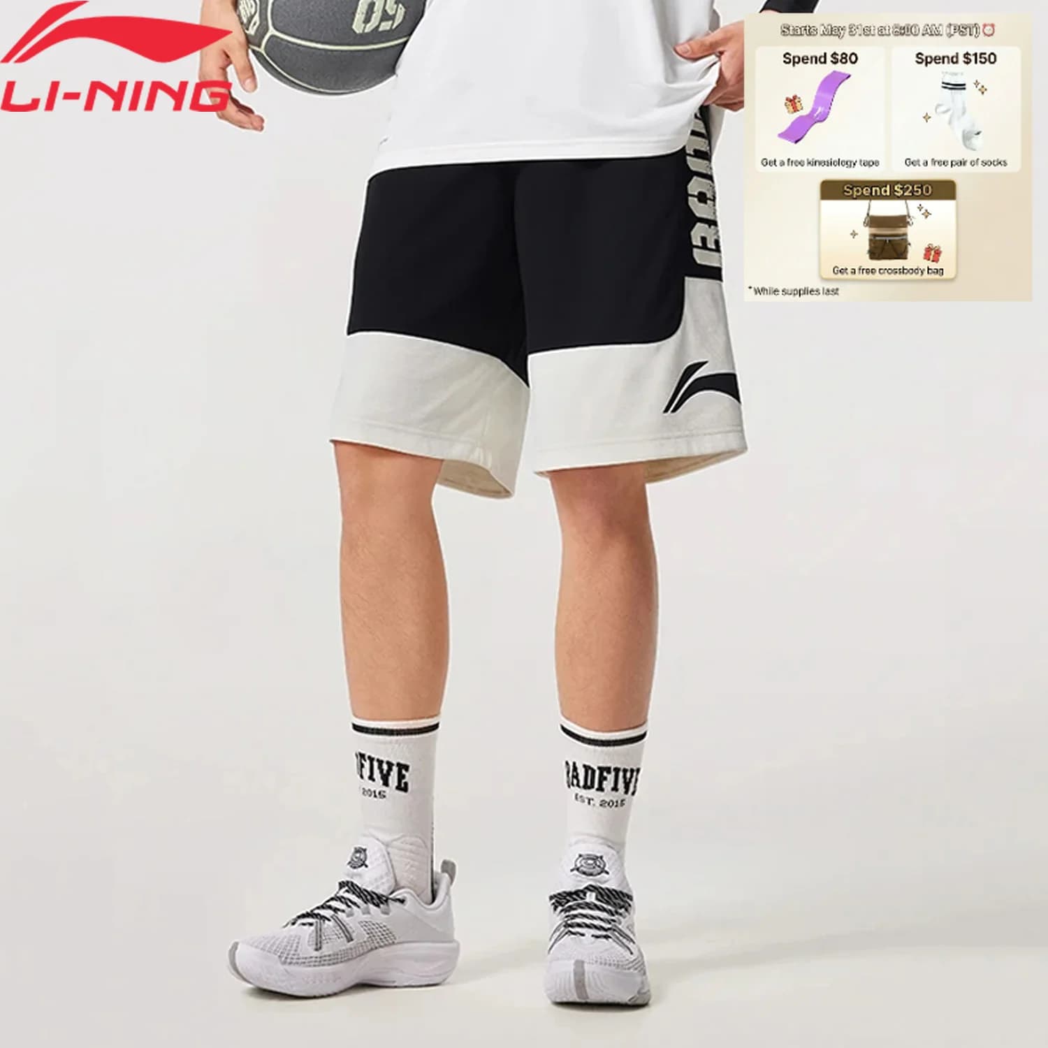 Li-Ning Pantaloncini da competizione da basket BADFIVE da uomo AT DRY Poliestere traspirante Fodera comoda Pantaloni sportivi AAPV021